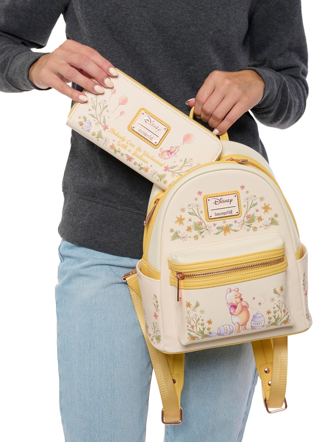 Loungefly Mini Backpack Handbag Floral Balloon Print Shoulder Bag (Yellow, Pooh)