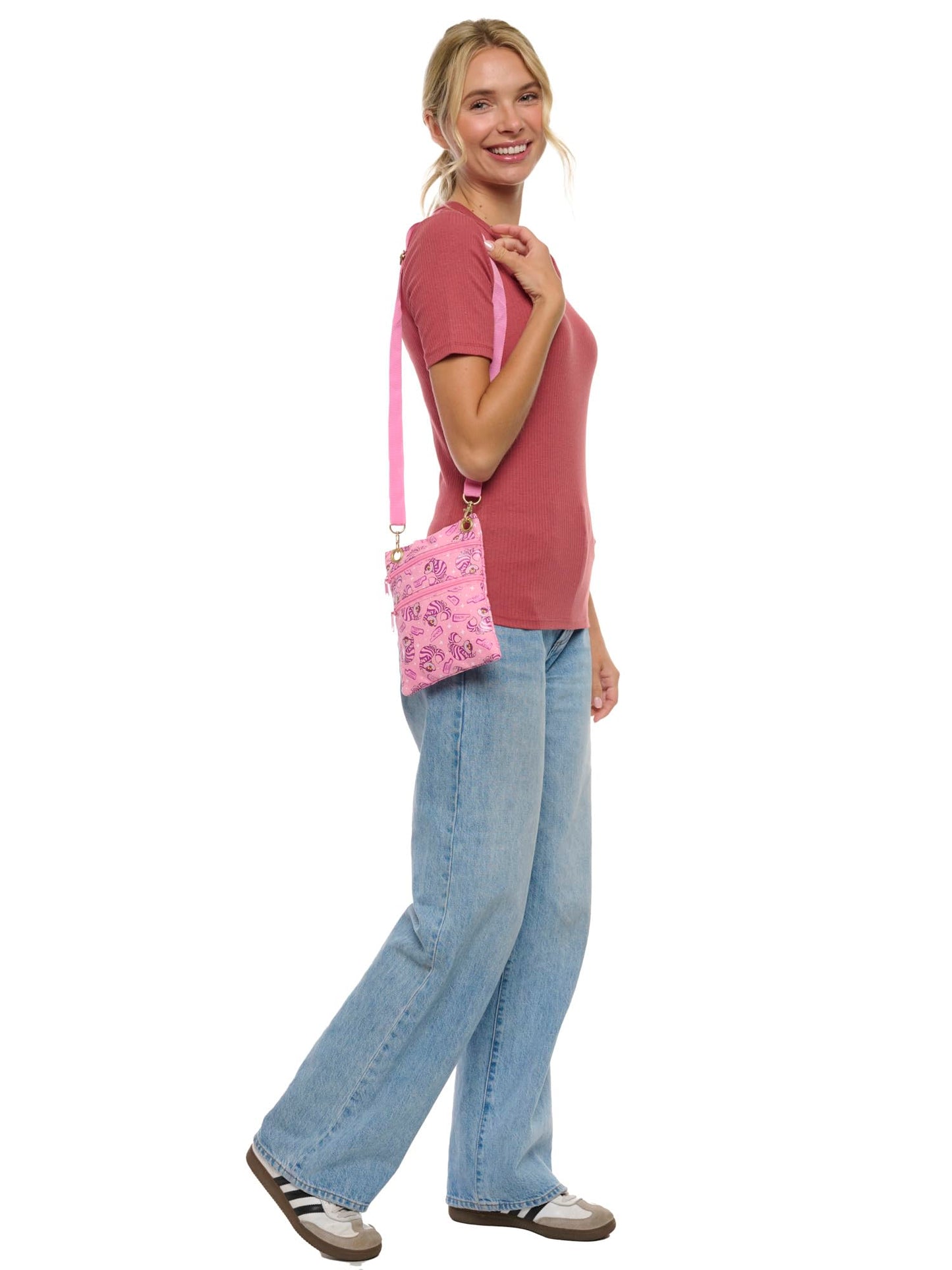 Disney Passport Bag Crossbody Travel Mickey Minnie Eeyore Stitch Cheshire All Over Print