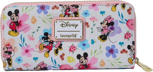 Loungefly Disney Mickey Minnie Mouse Wallet Zip Clutch AOP Floral Saffiano Faux Leather