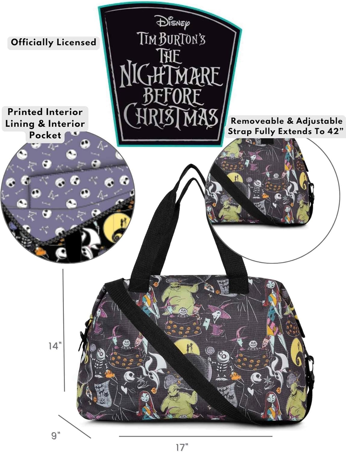 Disney Tote Duffel Bag Nightmare Before Christmas Weekender (Skellington Black)