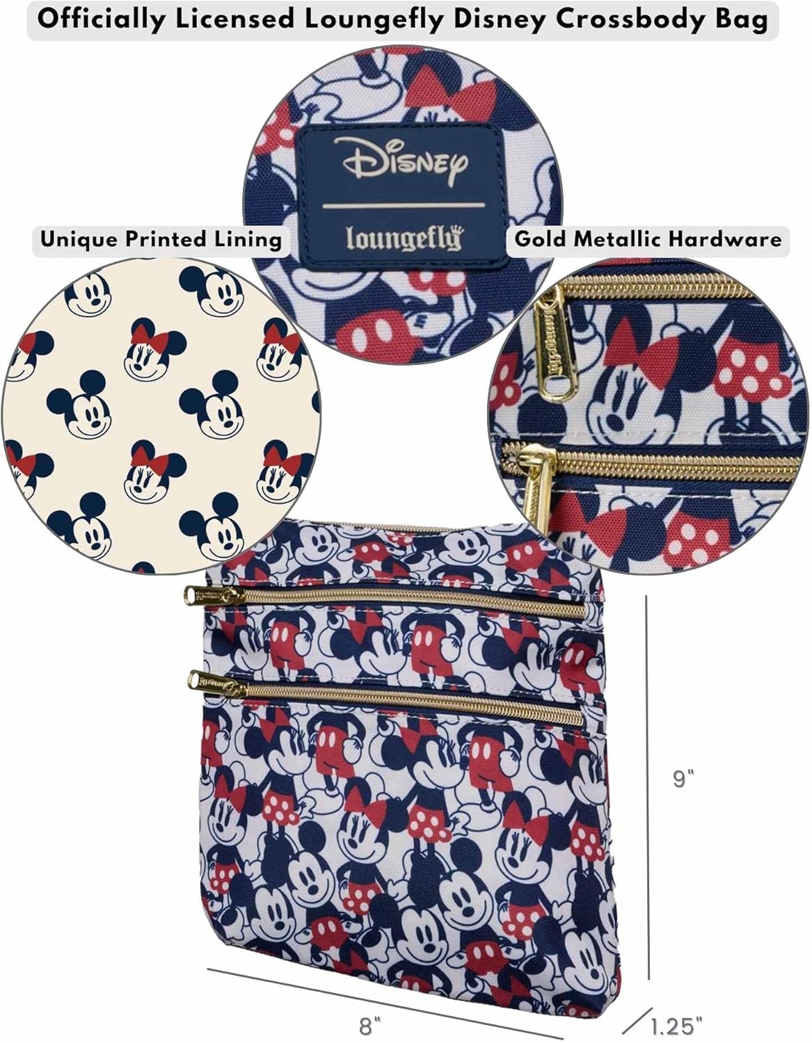 Loungefly Mickey and Minnie Mouse Crossbody Purse Women's Passport Bag Navy Nylon