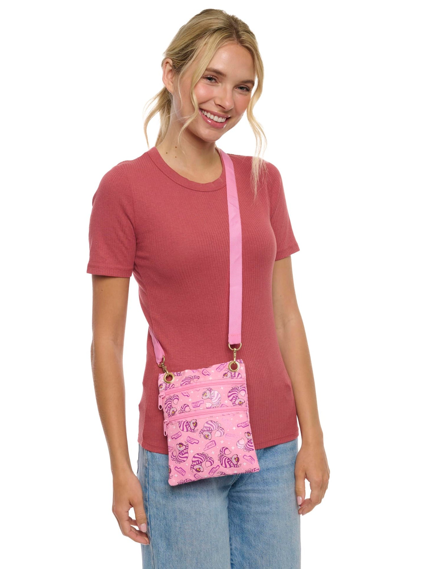 Disney Passport Bag Crossbody Travel Mickey Minnie Eeyore Stitch Cheshire All Over Print