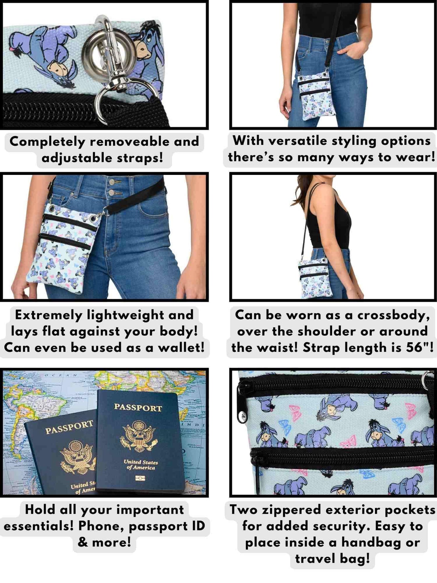 Disney Passport Bag Crossbody Travel Mickey Minnie Eeyore Stitch Cheshire All Over Print