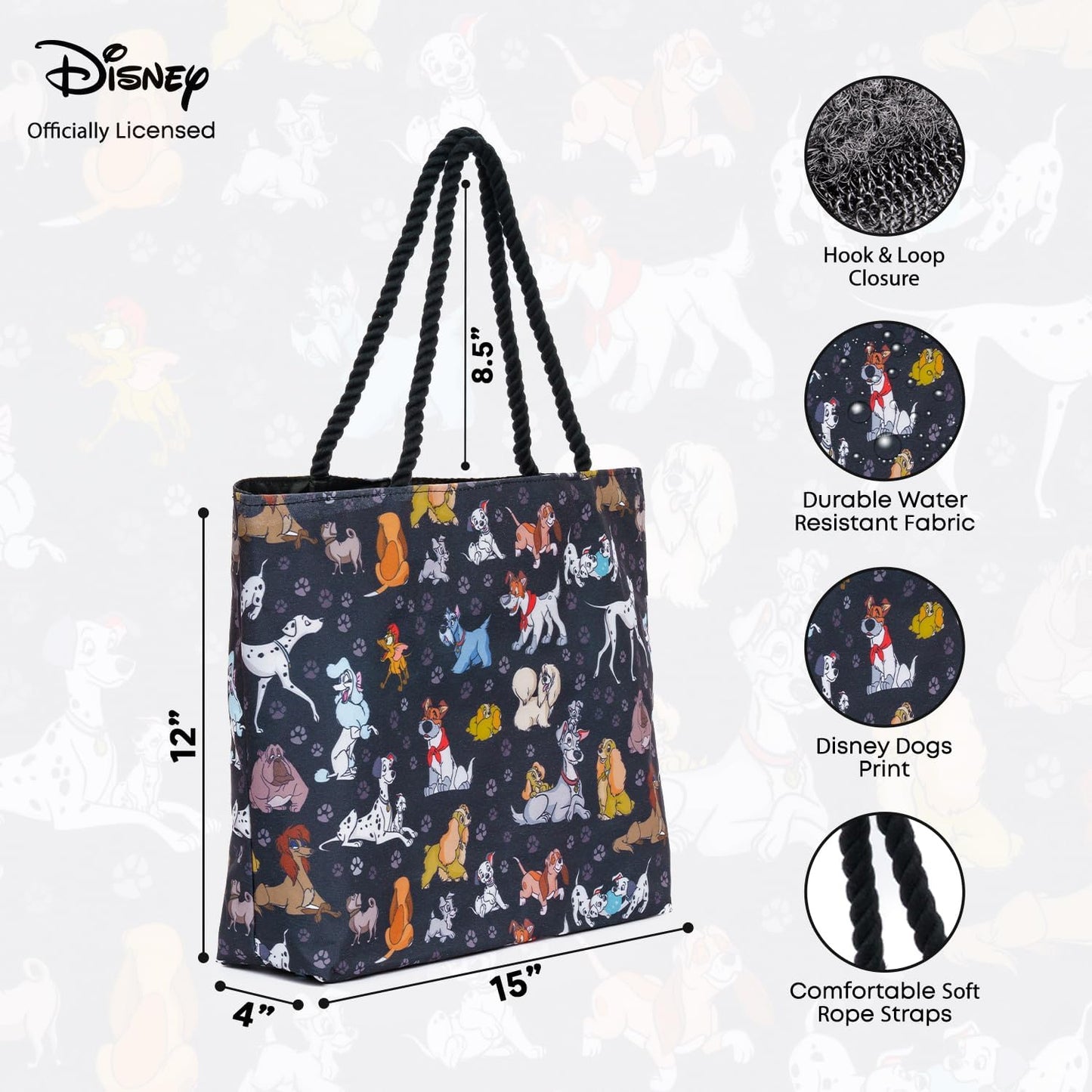 Disney Dogs Tote Bag for Women, 101 Dalmatians Lady and Tramp Print Large Canvas Purse, Disney Work Tote Big Bag,