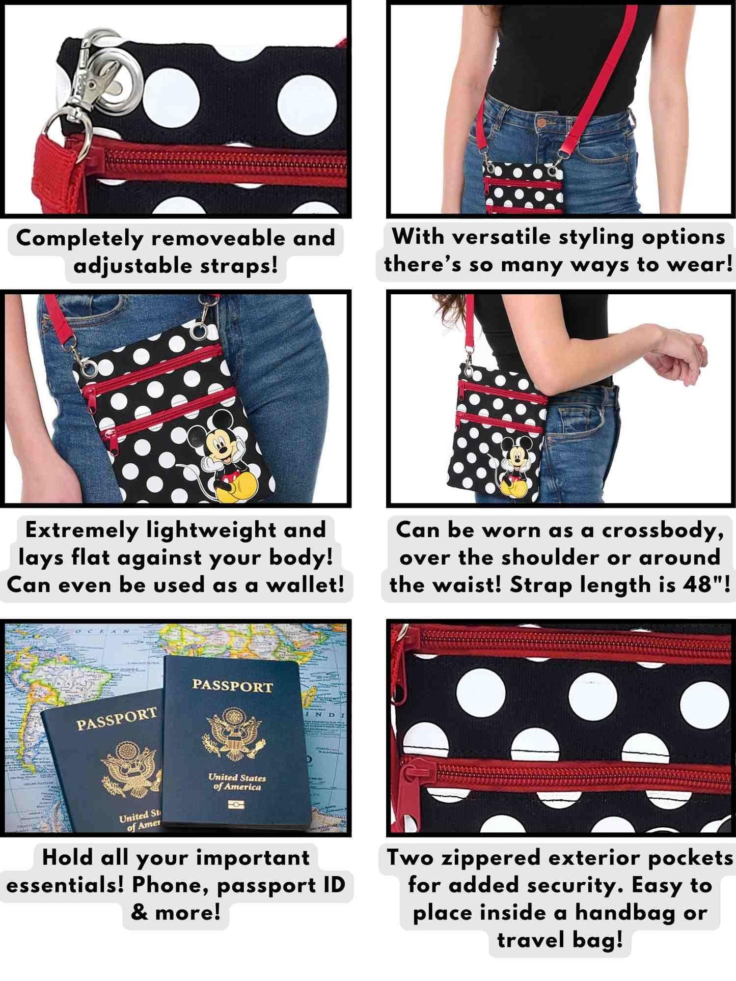 Disney Passport Bag Crossbody Travel Mickey Minnie Eeyore Stitch Cheshire All Over Print