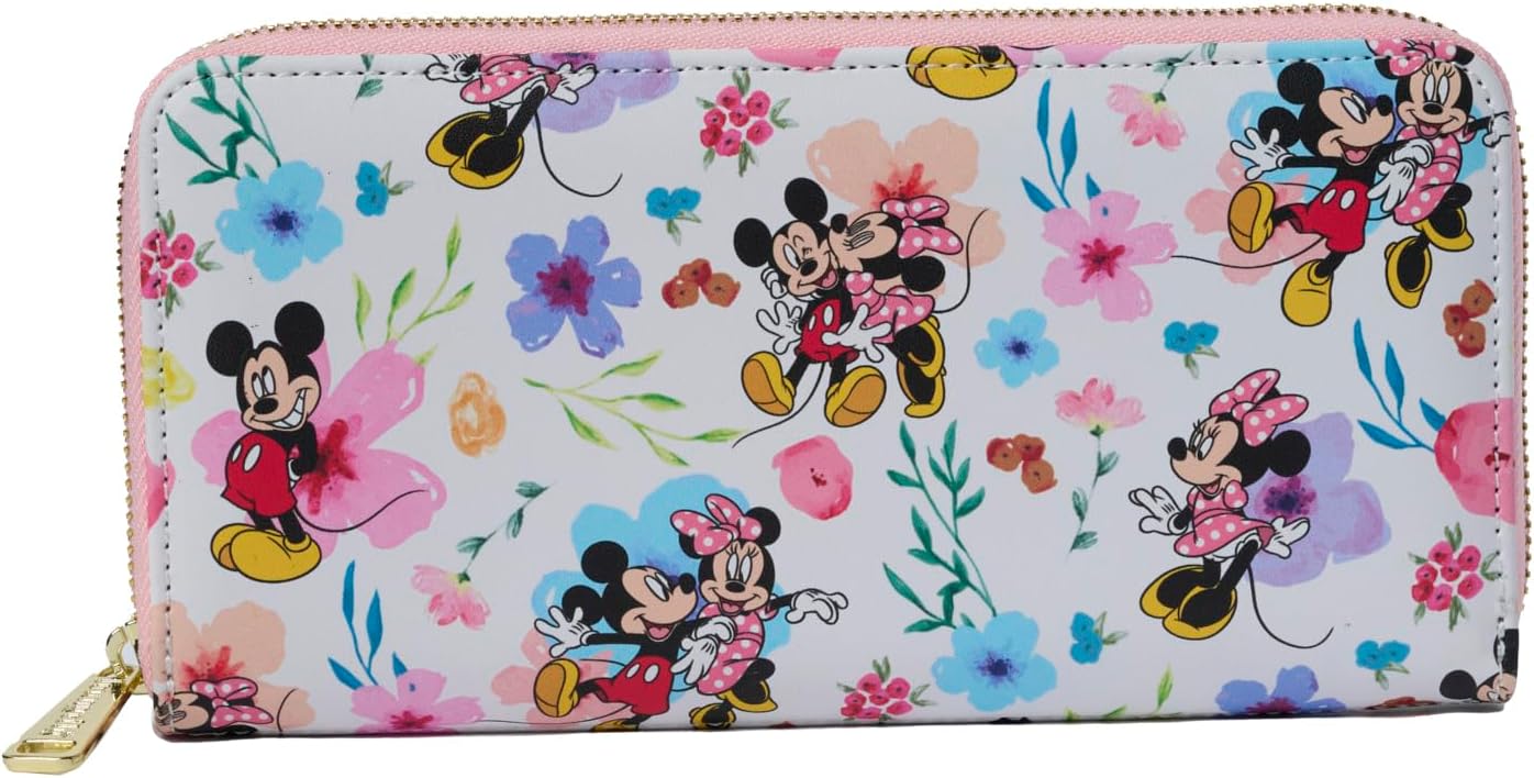 Loungefly Disney Mickey Minnie Mouse Wallet Zip Clutch AOP Floral Saffiano Faux Leather