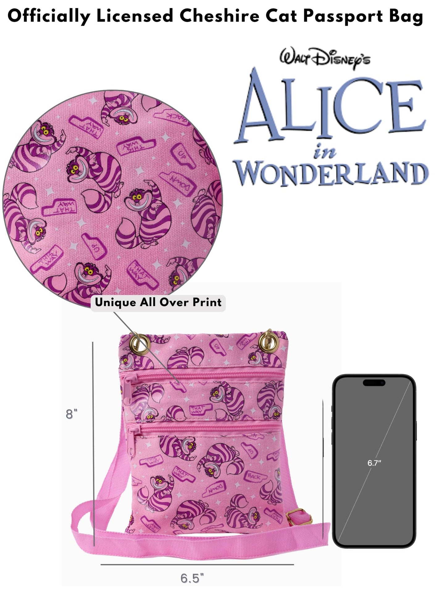 Disney Passport Bag Crossbody Travel Mickey Minnie Eeyore Stitch Cheshire All Over Print