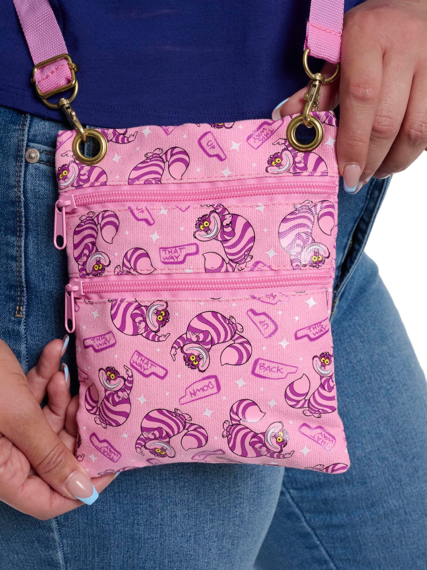 Disney Passport Bag Crossbody Travel Mickey Minnie Eeyore Stitch Cheshire All Over Print