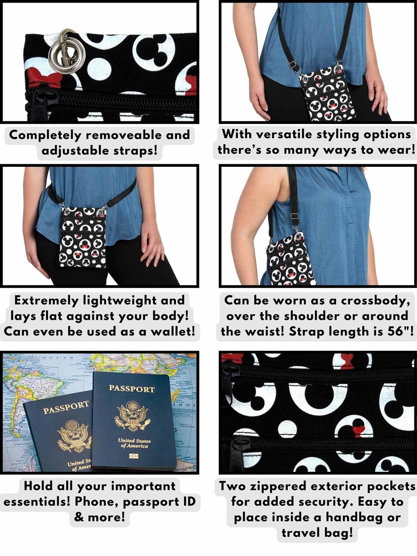 Disney Passport Bag Crossbody Travel Mickey Minnie Eeyore Stitch Cheshire All Over Print