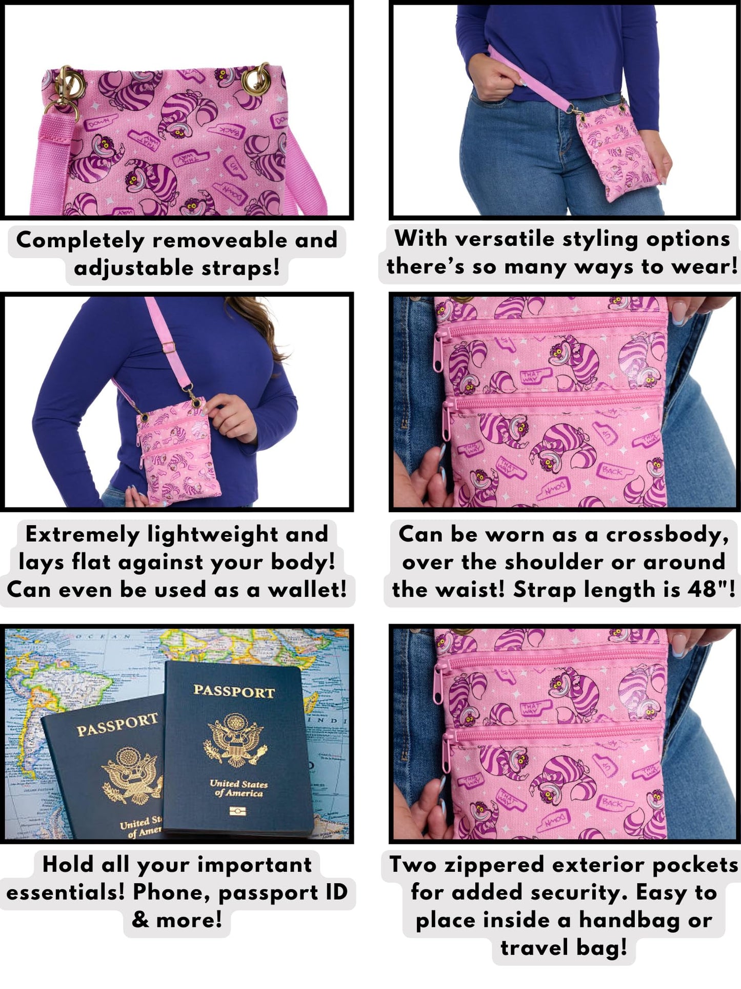 Disney Passport Bag Crossbody Travel Mickey Minnie Eeyore Stitch Cheshire All Over Print