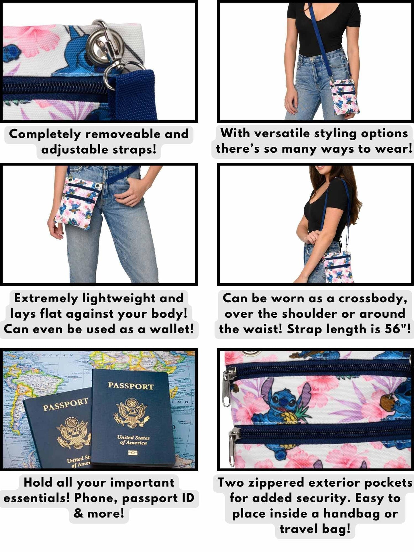 Disney Passport Bag Crossbody Travel Mickey Minnie Eeyore Stitch Cheshire All Over Print