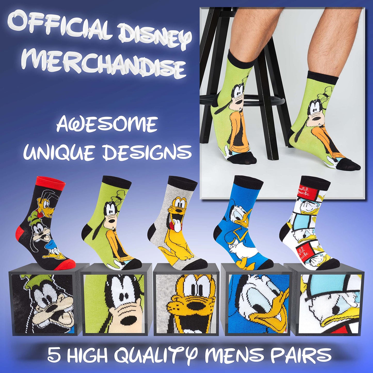 Disney Crew Socks for Men & Teens US Size 7–11, Pack of 5 Casual Socks, Star Wars Baby Yoda Monsters Inc, Cozy Gifts for Men